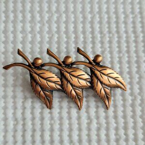 Copper Bell Signed Trio Textured Leaves Pin Brooch Autumn Fall 2 3/8"